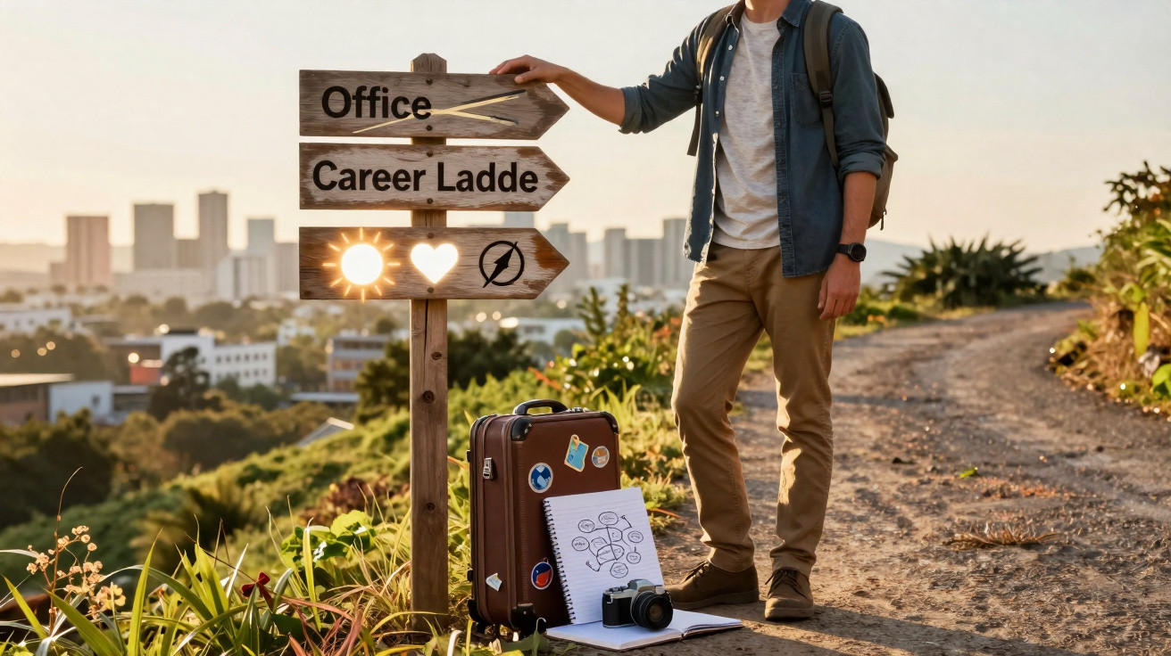 Homem ao ar livre junto a placa com opções na carreira, malas e caderno num caminho com cidade ao fundo ao pôr do sol.