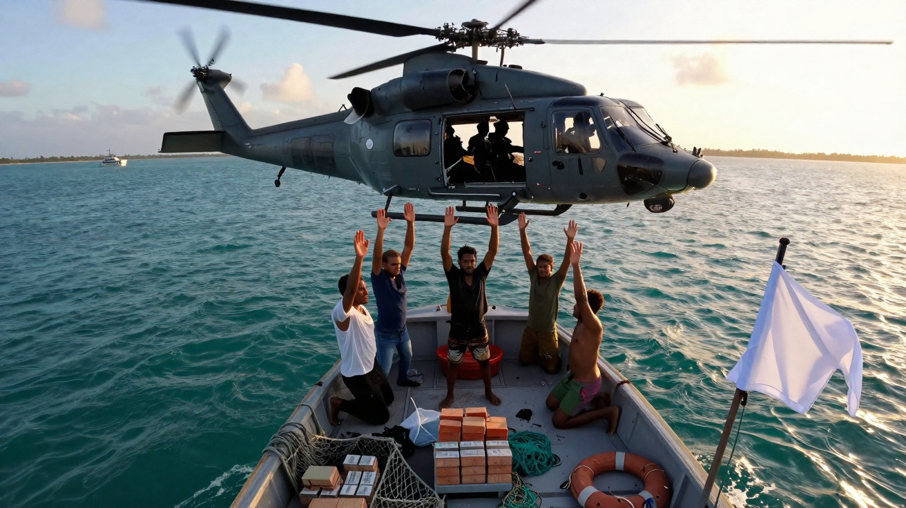 Helicóptero militar sobrevoa barco com vários homens e caixas no mar aberto durante o dia.