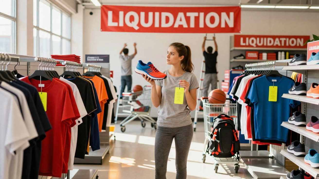 Mulher segurando sapatilhas desportivas num centro comercial durante uma liquidação com várias roupas expostas.