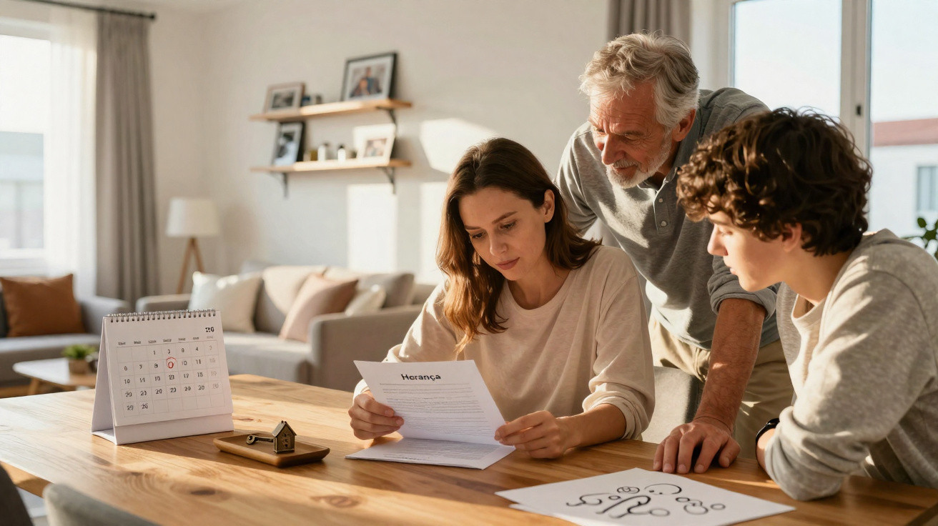 Homem e duas mulheres sentados à mesa a analisar documentos com calendário e chave visíveis.