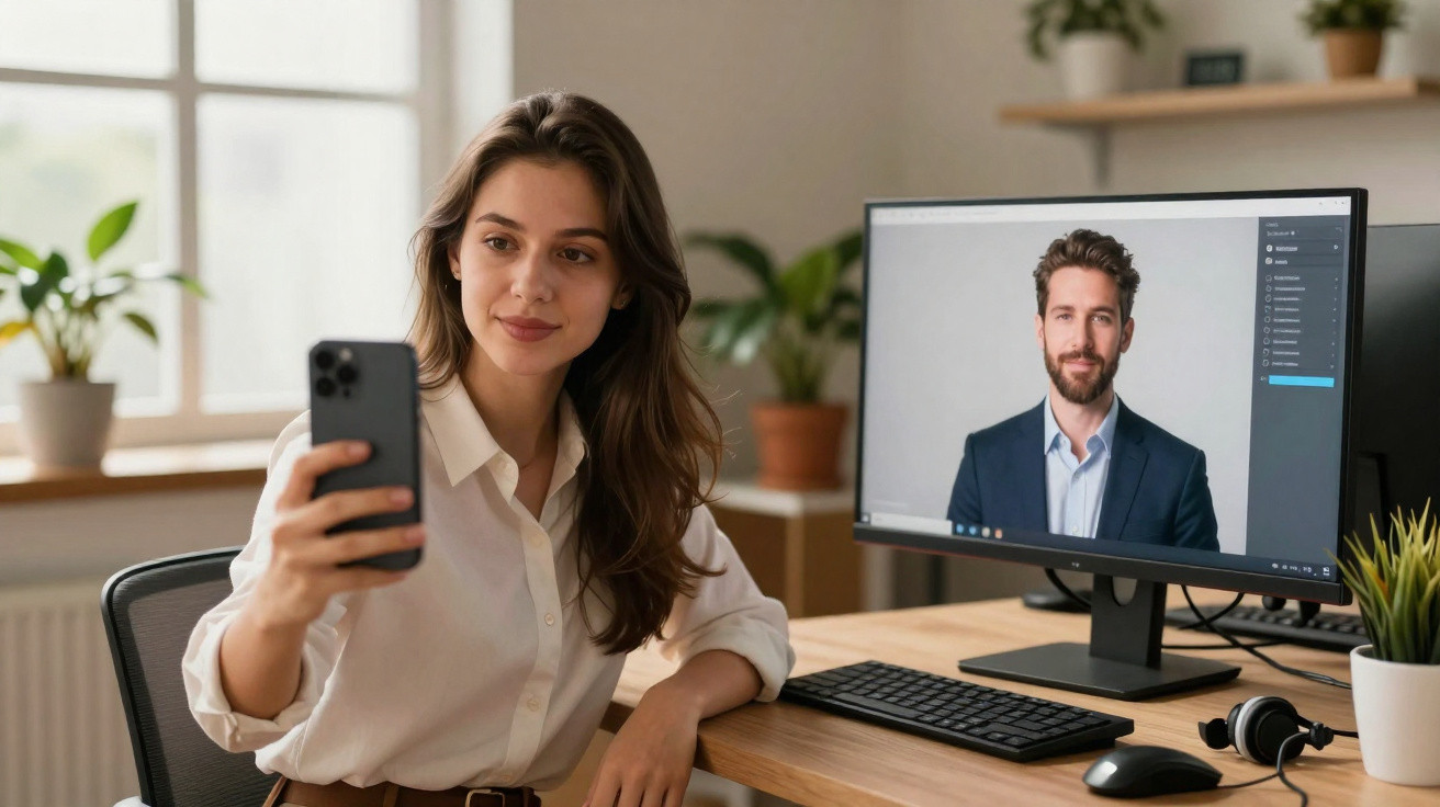 Mulher a fazer selfie perto de computador com vídeo chamada de homem sorridente no ecrã num escritório.