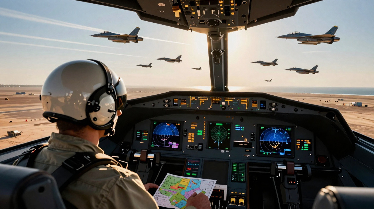 Piloto dentro do cockpit de um avião militar a voar em formação com vários jatos ao pôr do sol.