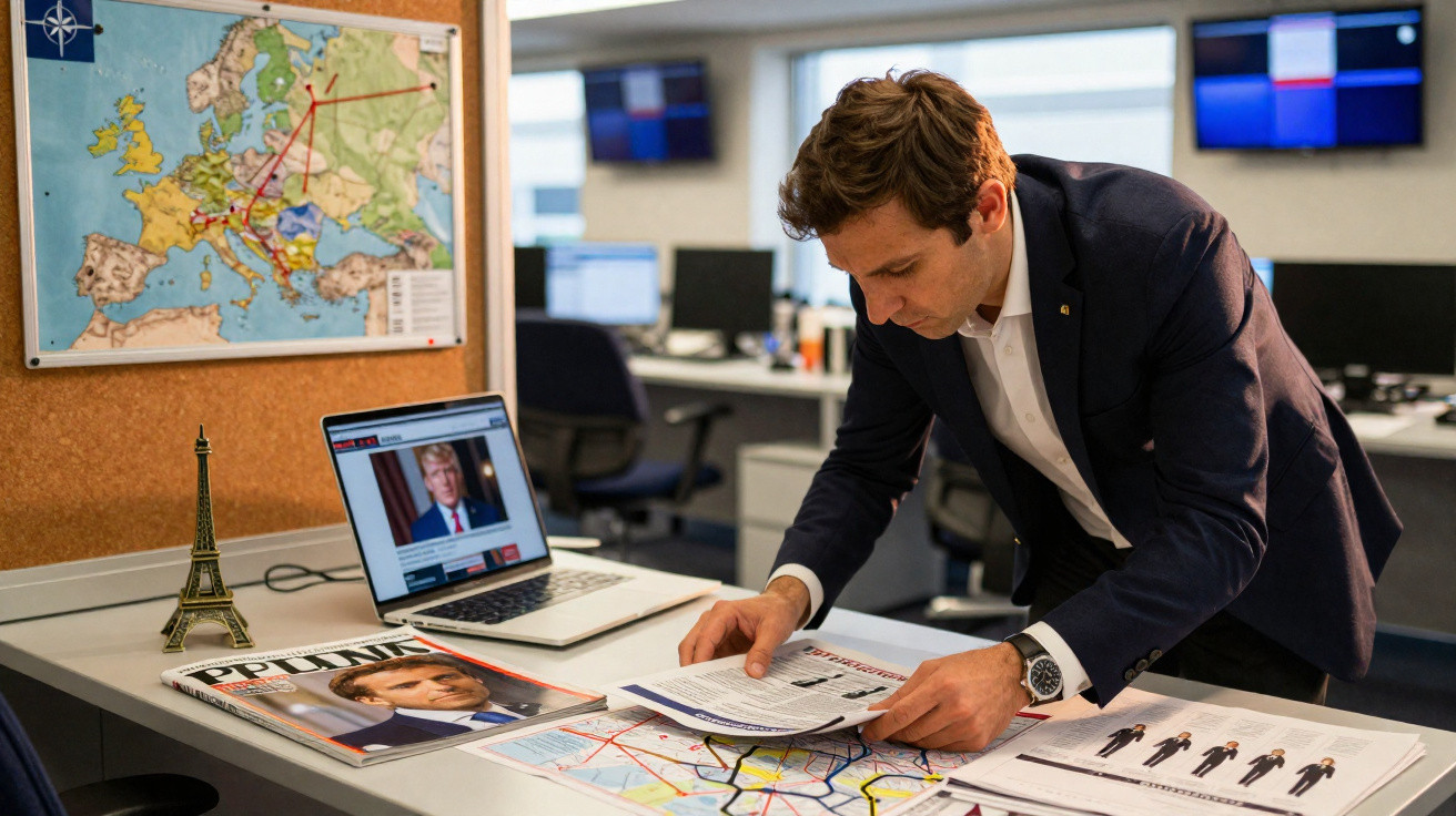 Homem de fato a analisar documentos numa mesa com mapa, laptop, revista e miniatura da Torre Eiffel.