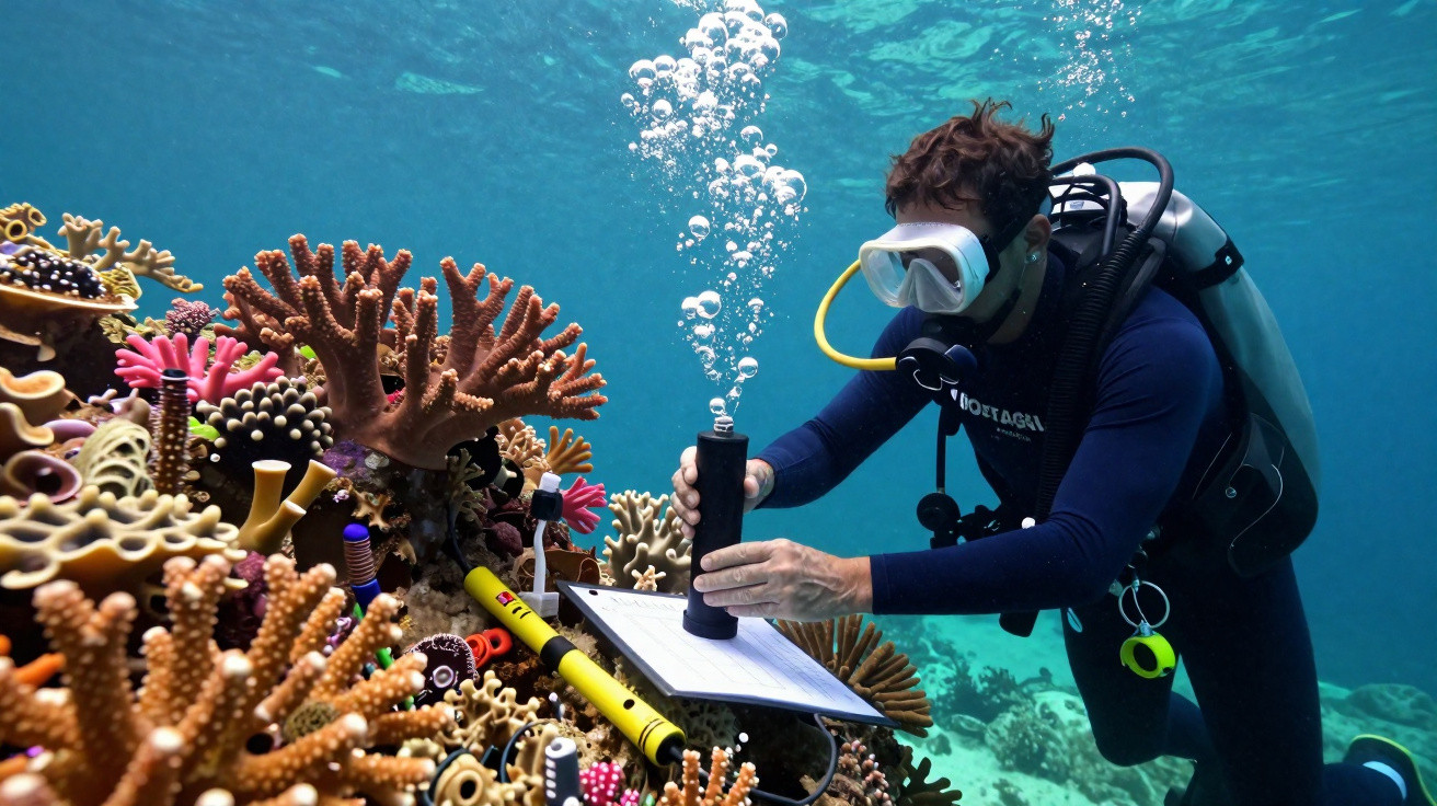 Mergulhador a fotografar coral colorido, rodeado por águas azuis transparentes, com equipamento de mergulho completo.