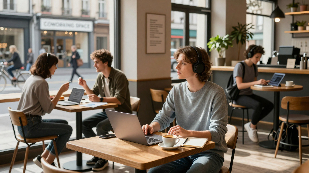 Jovens a trabalhar em laptops num café moderno com ambiente relaxado e luminoso durante o dia.