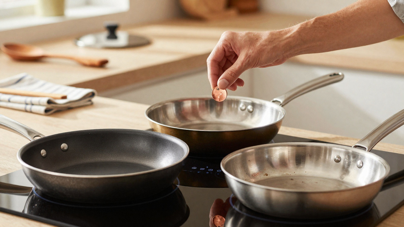 Pessoa a colocar pastilha para temperar numa frigideira num fogão elétrico numa cozinha moderna.