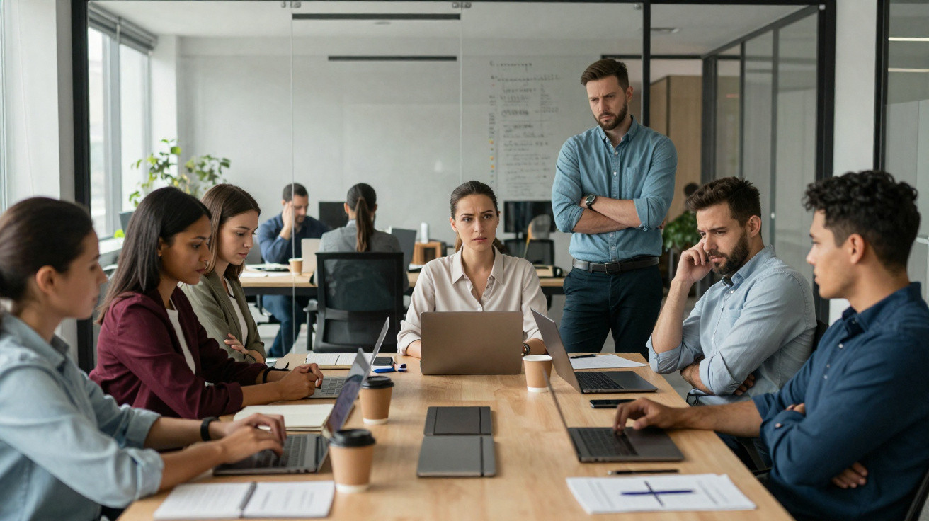 Reunião de equipa em escritório moderno com dez pessoas concentradas em laptops e discussão séria.