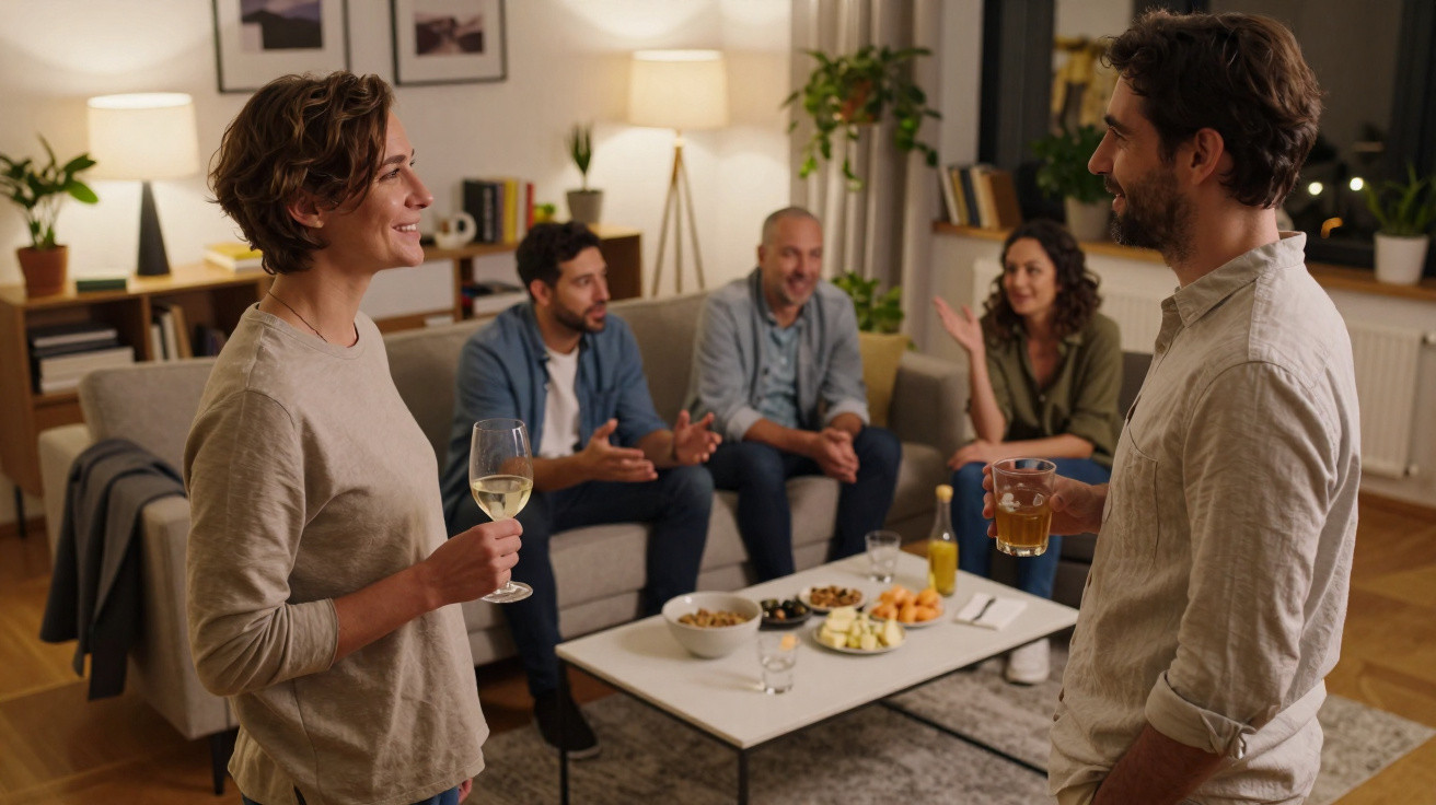 Grupo de amigos a conversar num ambiente acolhedor, com bebidas e petiscos numa sala de estar.