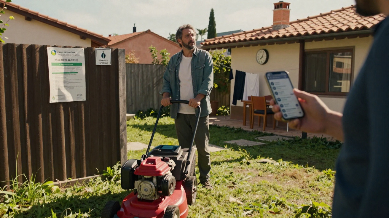 Homem a cortar relva com máquina de cortar em jardim junto a cerca e placa de silêncio ao almoço.