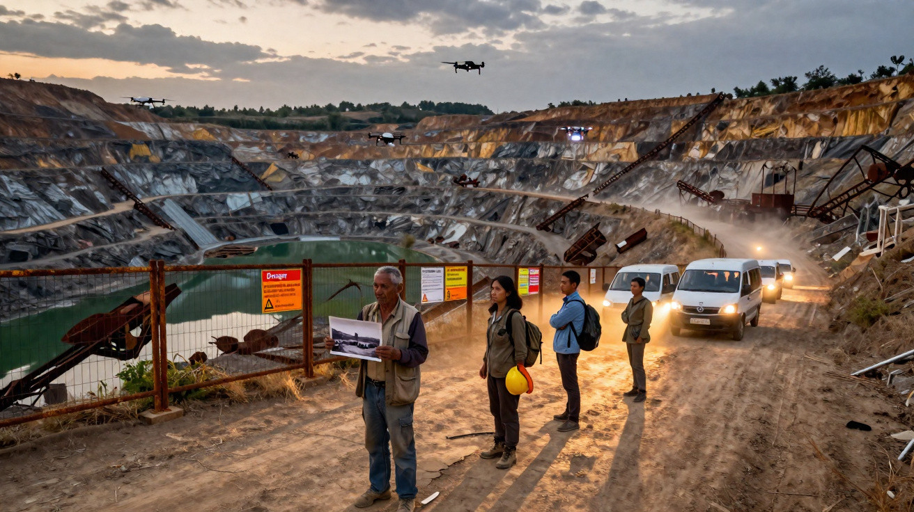 Mineiros com capacetes observam dois drones sobre uma mina a céu aberto ao entardecer, com veículos e cartazes de aviso.