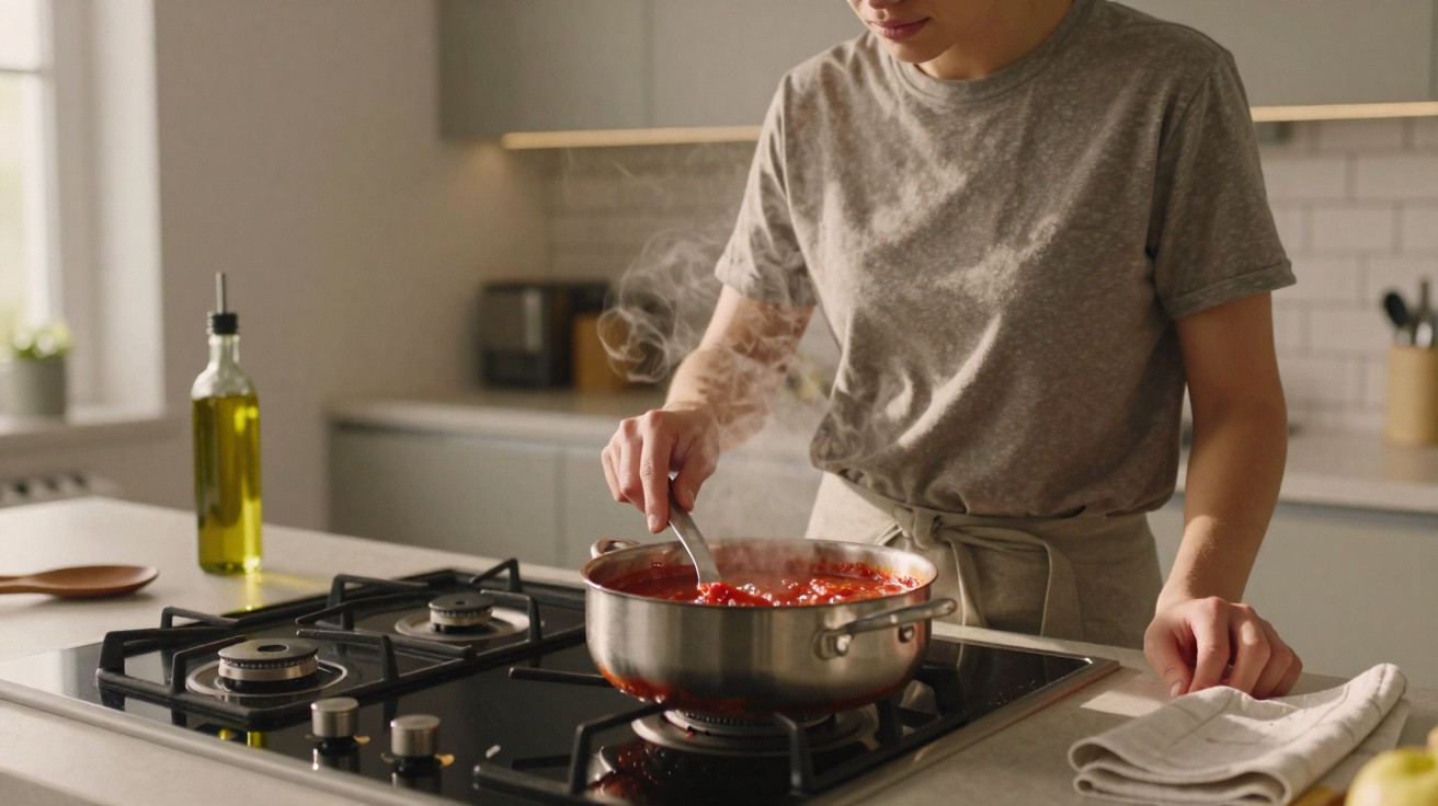 Pessoa a mexer molho vermelho a ferver num tacho numa cozinha moderna branca.