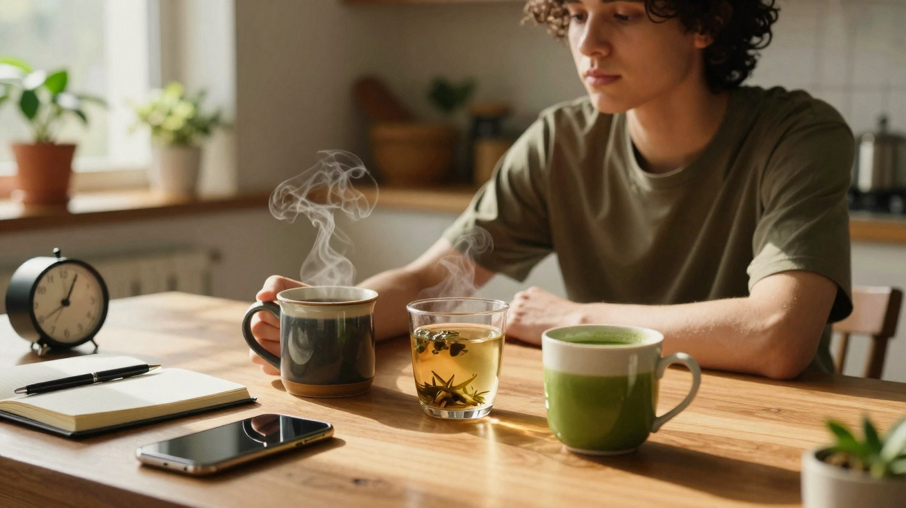 Pessoa sentada à mesa com três diferentes bebidas quentes, caderno, canetas, telemóvel e relógio analógico.