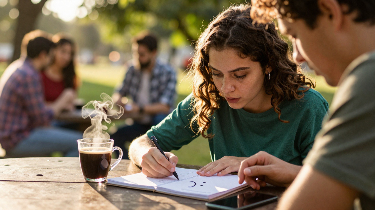 Jovem estudante a desenhar e receber ajuda ao ar livre, com amigos sentados à mesa ao fundo.