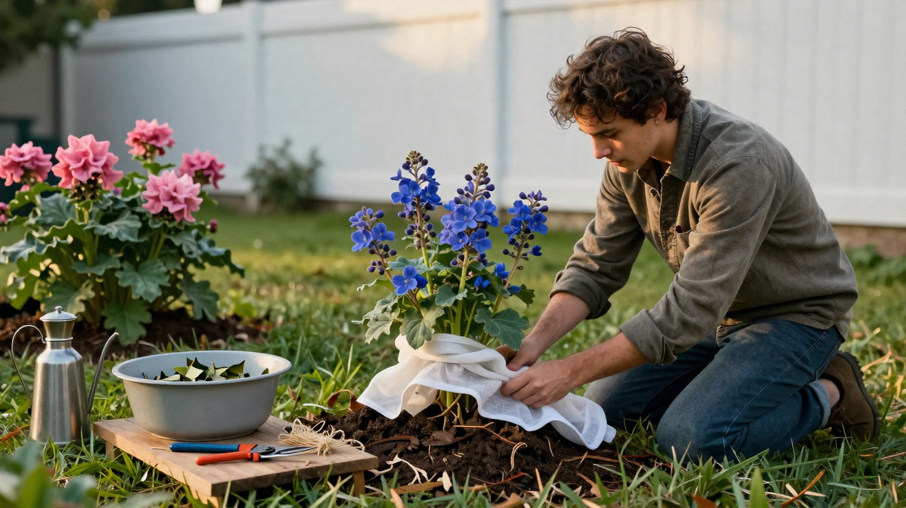 Homem a plantar flores cor-de-rosa num jardim com outras flores azuis ao fundo.