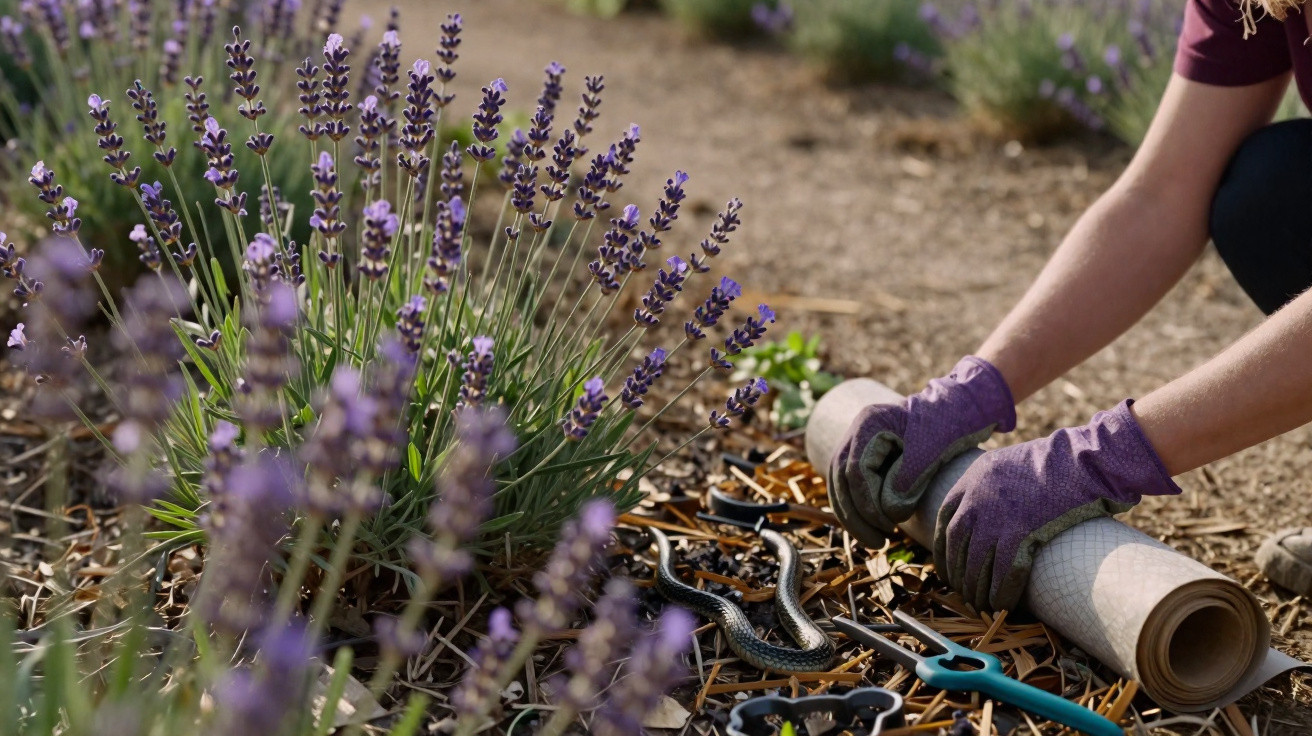 Pessoa de luvas a segurar uma cobra próxima a plantas de lavanda num jardim.