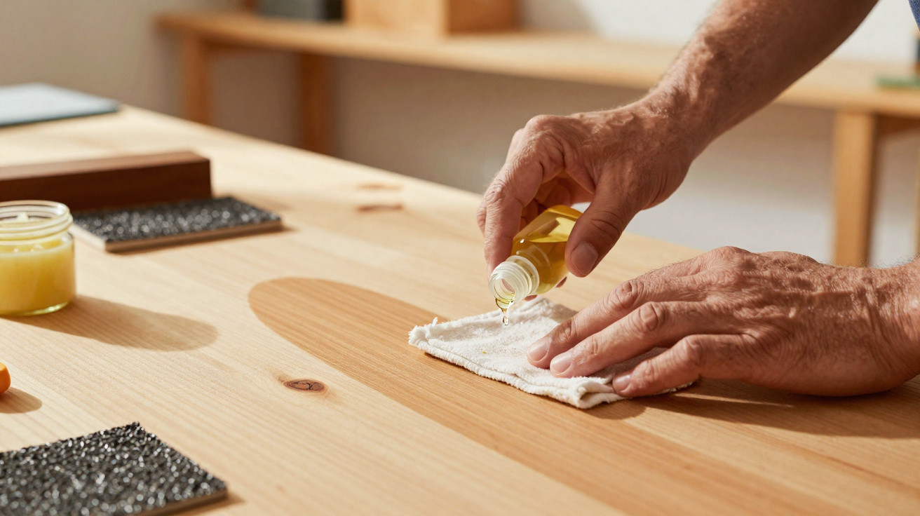 Mãos a aplicar óleo com um pano branco numa superfície de madeira clara para tratamento.