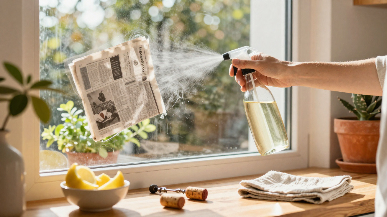 Mão a pulverizar spray de limpeza numa janela enquanto limpa jornal preso no vidro.