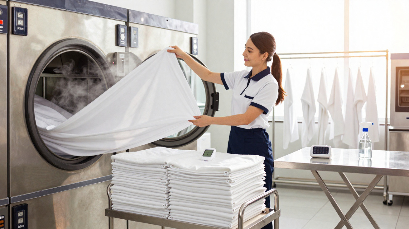 Funcionária retira roupa quente e branca da máquina industrial numa lavandaria profissional.