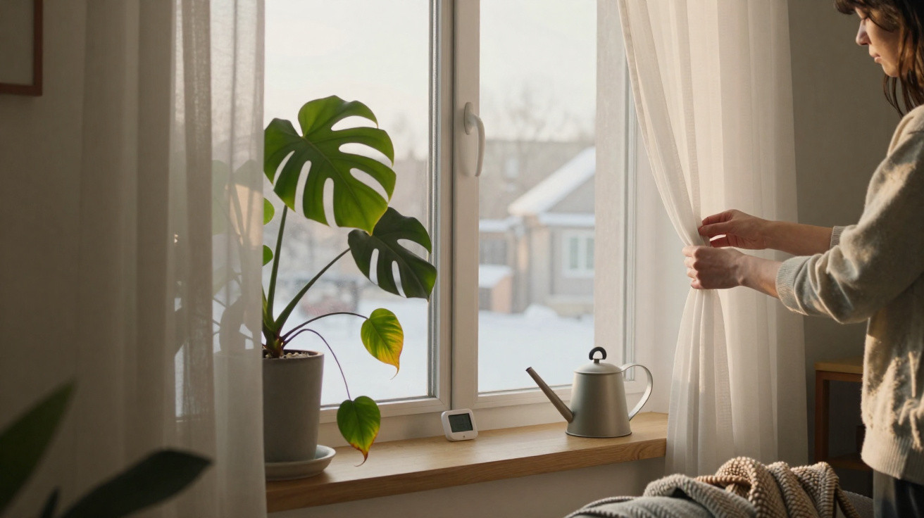 Pessoa a abrir cortinas numa janela com planta em vaso e regador no peitoril, com luz natural suave.