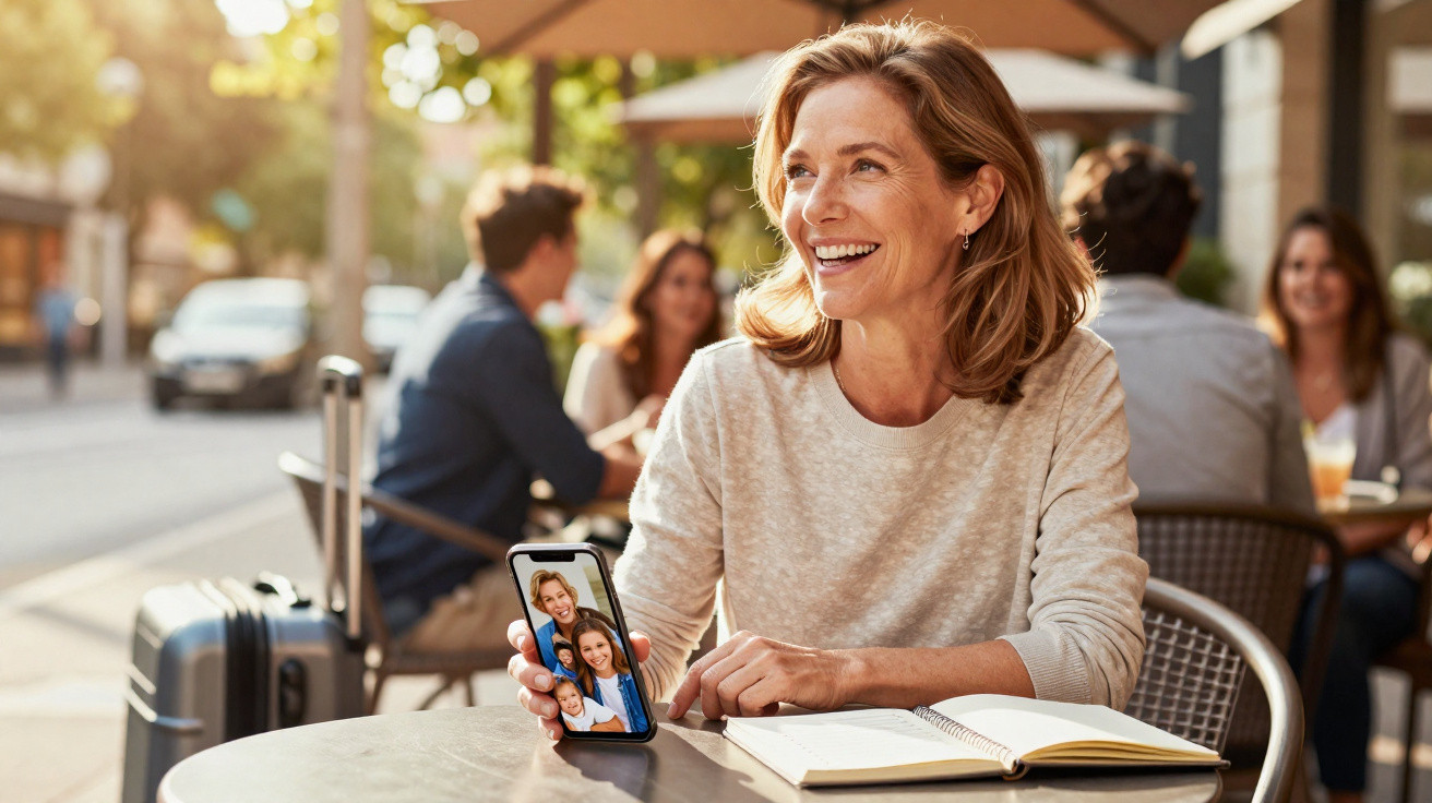 Mulher sorridente sentada numa esplanada a ver fotos da família no telemóvel, com mala ao lado.
