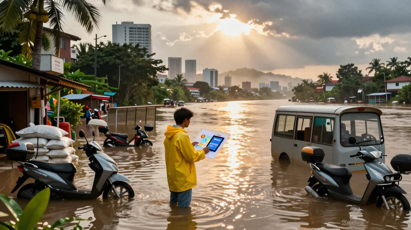 Homem com impermeável amarelo analisa tablet em zona urbana inundada ao entardecer.