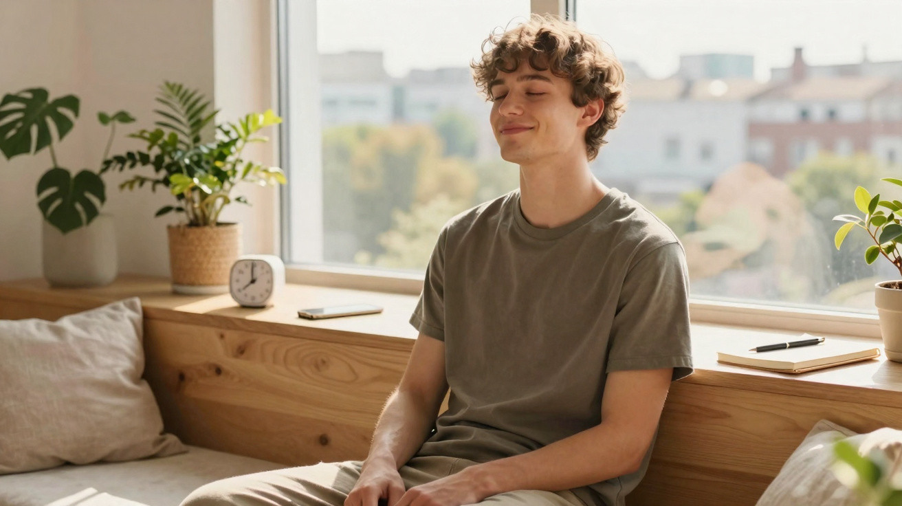 Jovem sentado confortavelmente numa sala iluminada, sorrindo com os olhos fechados junto a plantas e relógio.