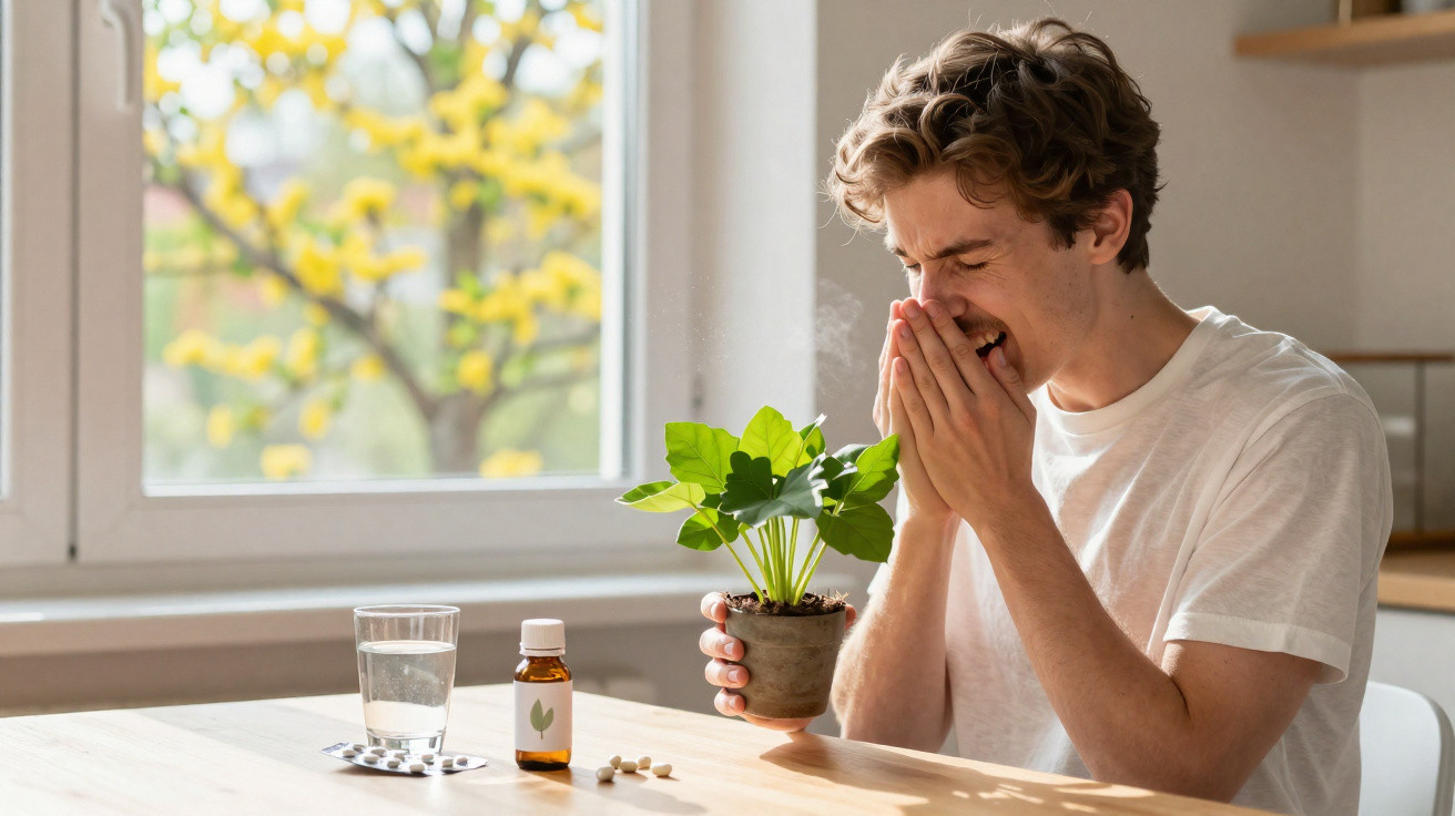 Homem espirra ao lado de planta em vaso, remédios e copos de água numa mesa junto à janela iluminada.