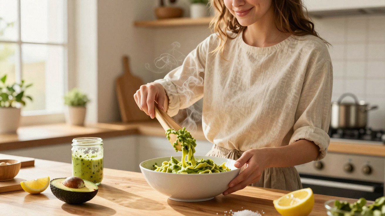 Mulher na cozinha a preparar massa com molho verde e ingredientes frescos num recipiente branco.