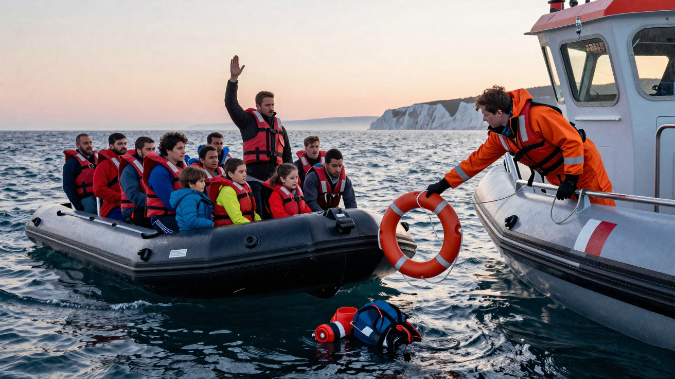 Pessoas em botes salva-vidas no mar com coletes salva-vidas, enquanto homem oferece bóia para transferência.