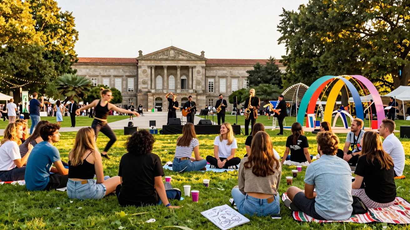 Grupo de jovens sentados em círculo num parque, com músicos a tocar e edifício clássico ao fundo, ao pôr do sol.