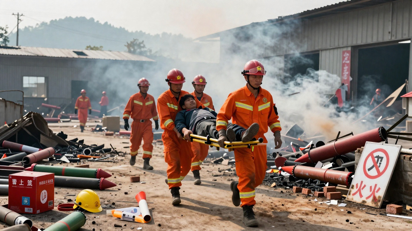 Equipa de resgate em farda laranja transporta vítima numa maca em cenário de desastre com fumo e detritos.