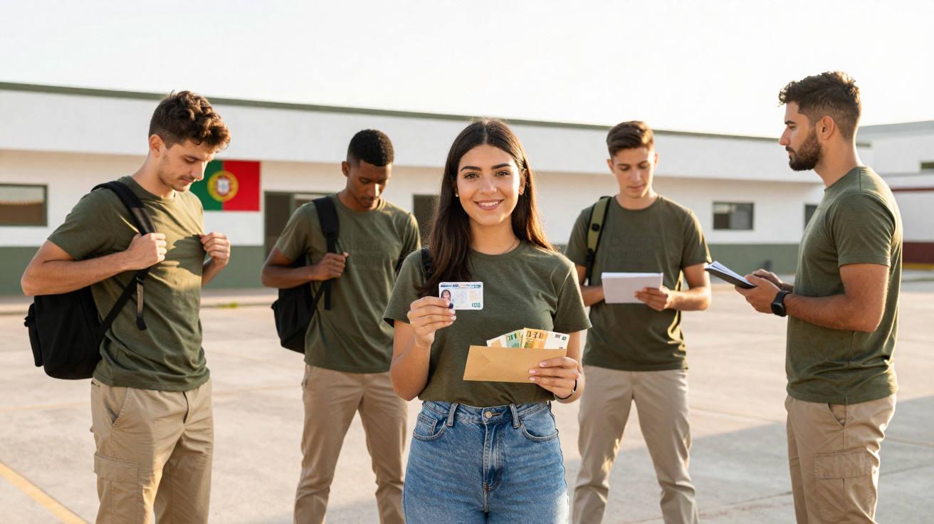 Jovem a mostrar cartão e dinheiro com quatro pessoas ao fundo num pátio escolar com bandeira de Portugal.