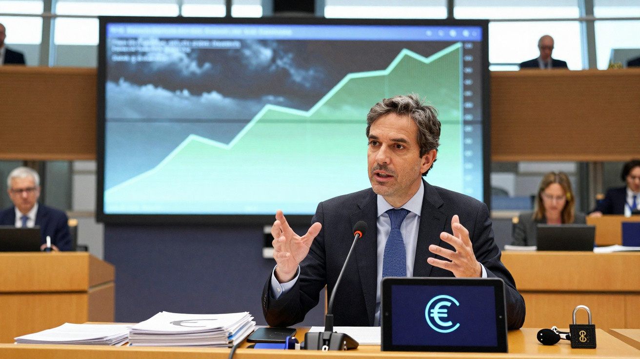 Homem em fato a discursar numa conferência com gráfico financeiro e símbolo do euro no ecrã ao fundo.