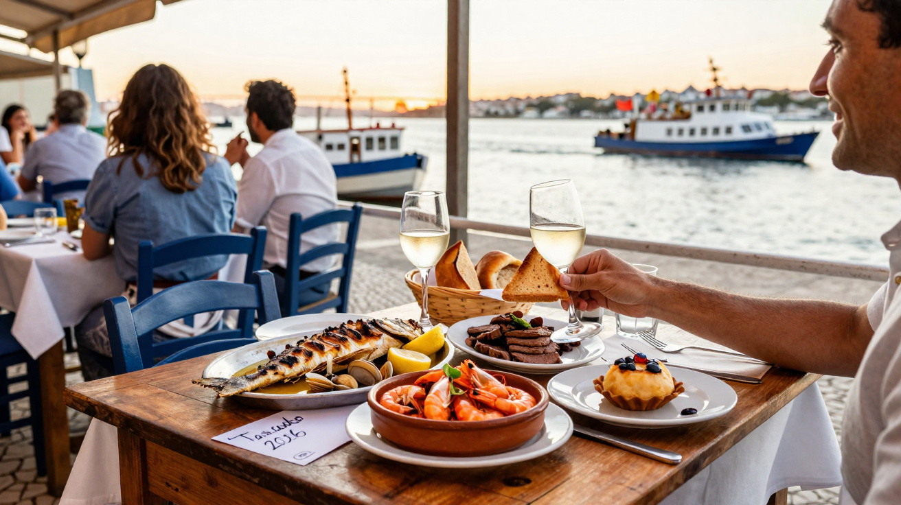 Pessoas a jantar em restaurante à beira-mar com pratos de marisco e peixe grelhado, barcos ao fundo.