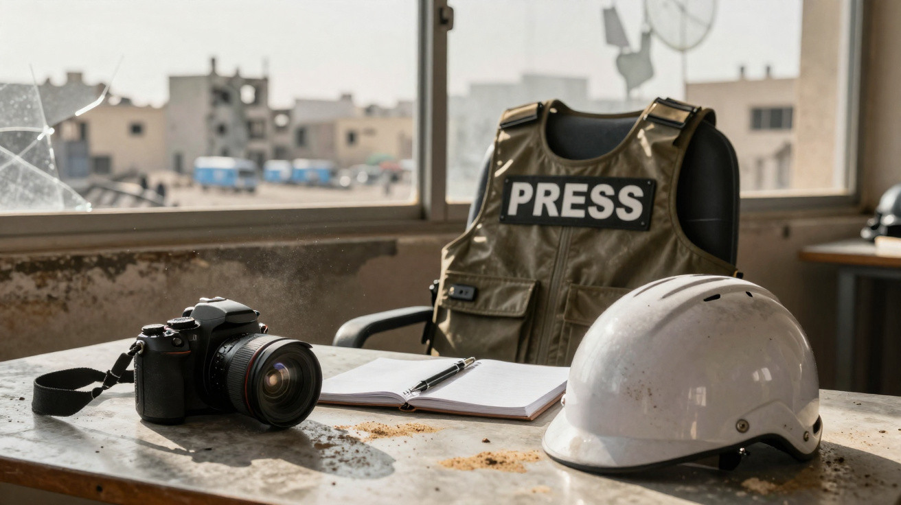 Colete à prova de bala com inscrição PRESS, câmara fotográfica, capacete branco e bloco de notas numa mesa junto a uma janela