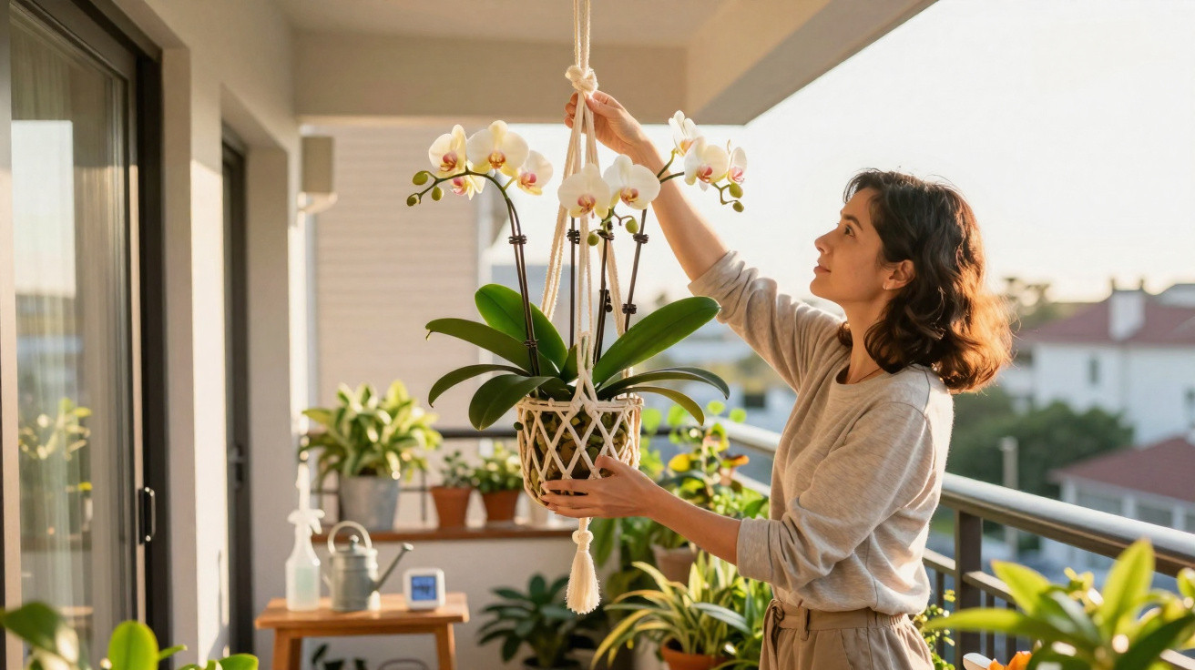 Mulher a pendurar orquídea amarela em vaso com suporte de corda junto a janela em casa.