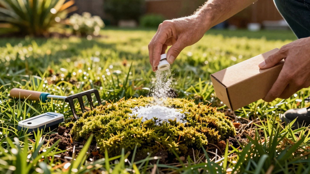 Pessoa a espalhar pó branco sobre musgo no jardim com ferramenta de jardim ao lado.