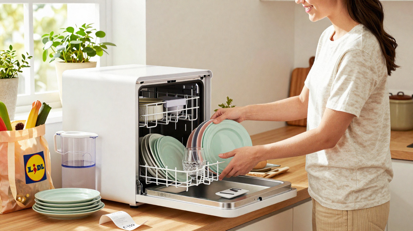 Mulher a colocar pratos num mini lava-louças branco numa cozinha com luz natural junto à janela.