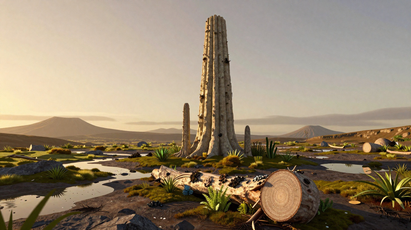 Paisagem pré-histórica com tronco caído coberto de insetos e monólitos erguidos sob luz do pôr do sol.