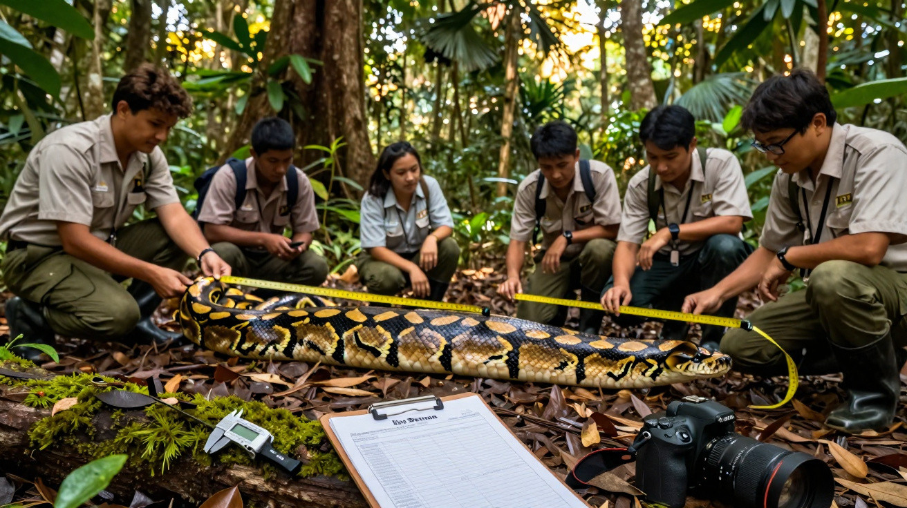 Quatro investigadores medem uma grande píton na floresta tropical com fita métrica.
