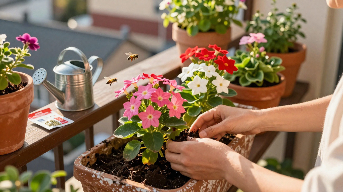 Mãos a cuidar de flores cor de rosa num vaso numa varanda com várias plantas e abelhas a voar.