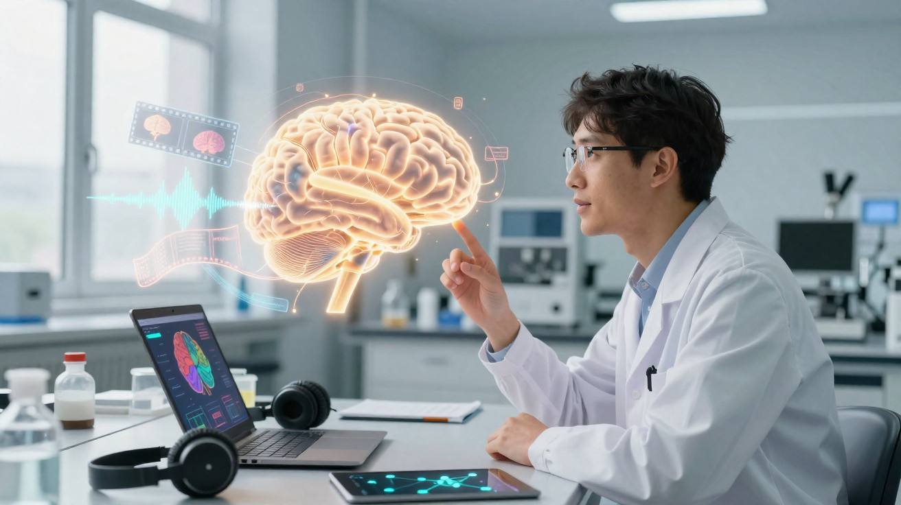 Cientista em laboratório interage com cérebro holográfico enquanto analisa dados numa sala moderna.