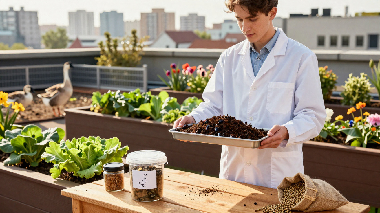 Jovem cientista com bata branca segurando bandeja de terra com brotos numa horta urbana num terraço.