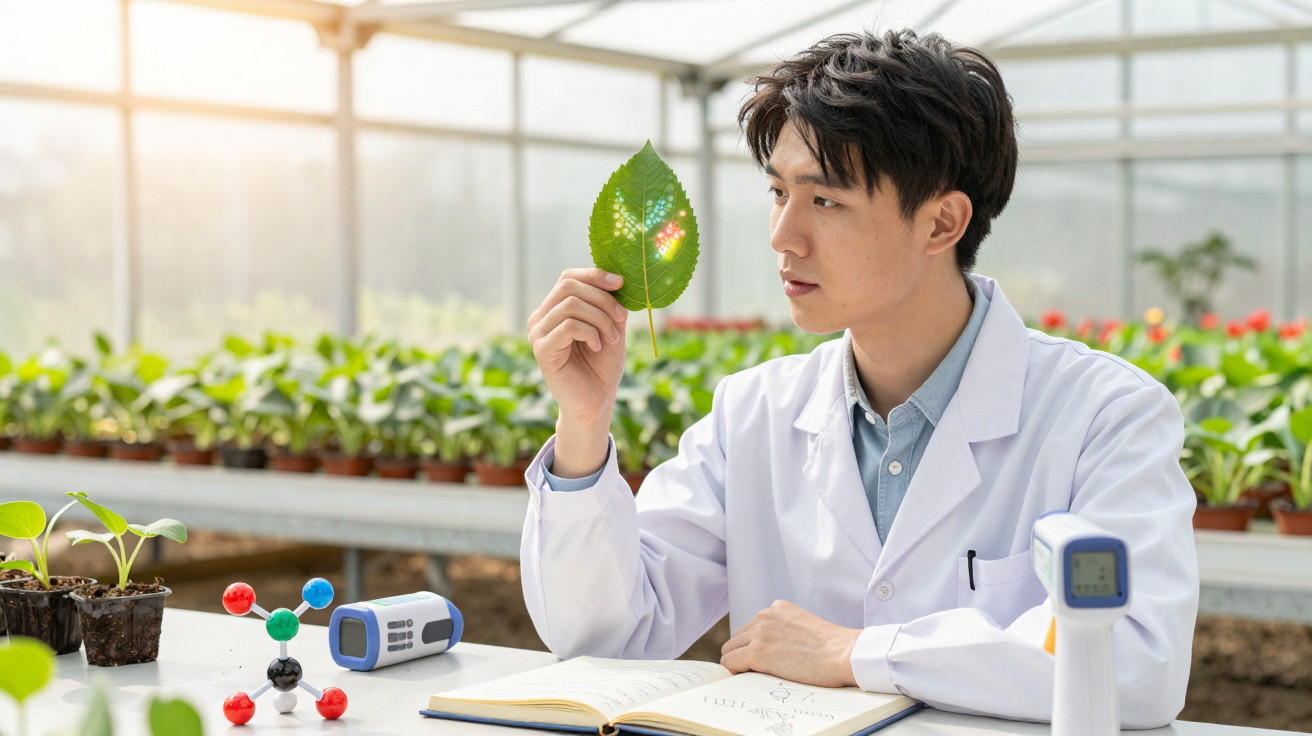 Cientista em bata branca analisa uma folha com holograma colorido em laboratório de plantas.
