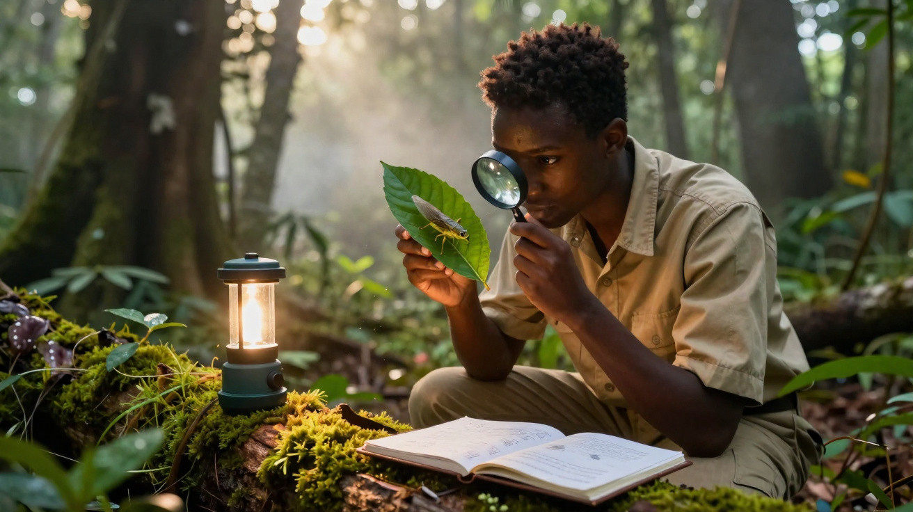 Homem com lupa a observar inseto numa folha, com caderno e candeeiro num ambiente de floresta.