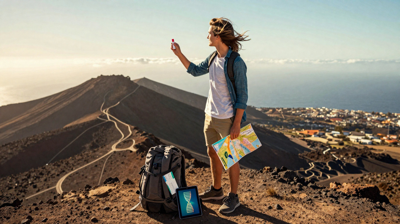 Jovem com mapa na mão tira selfie num topo rochoso com mochila e tablet à sua frente, montanha e mar ao fundo.