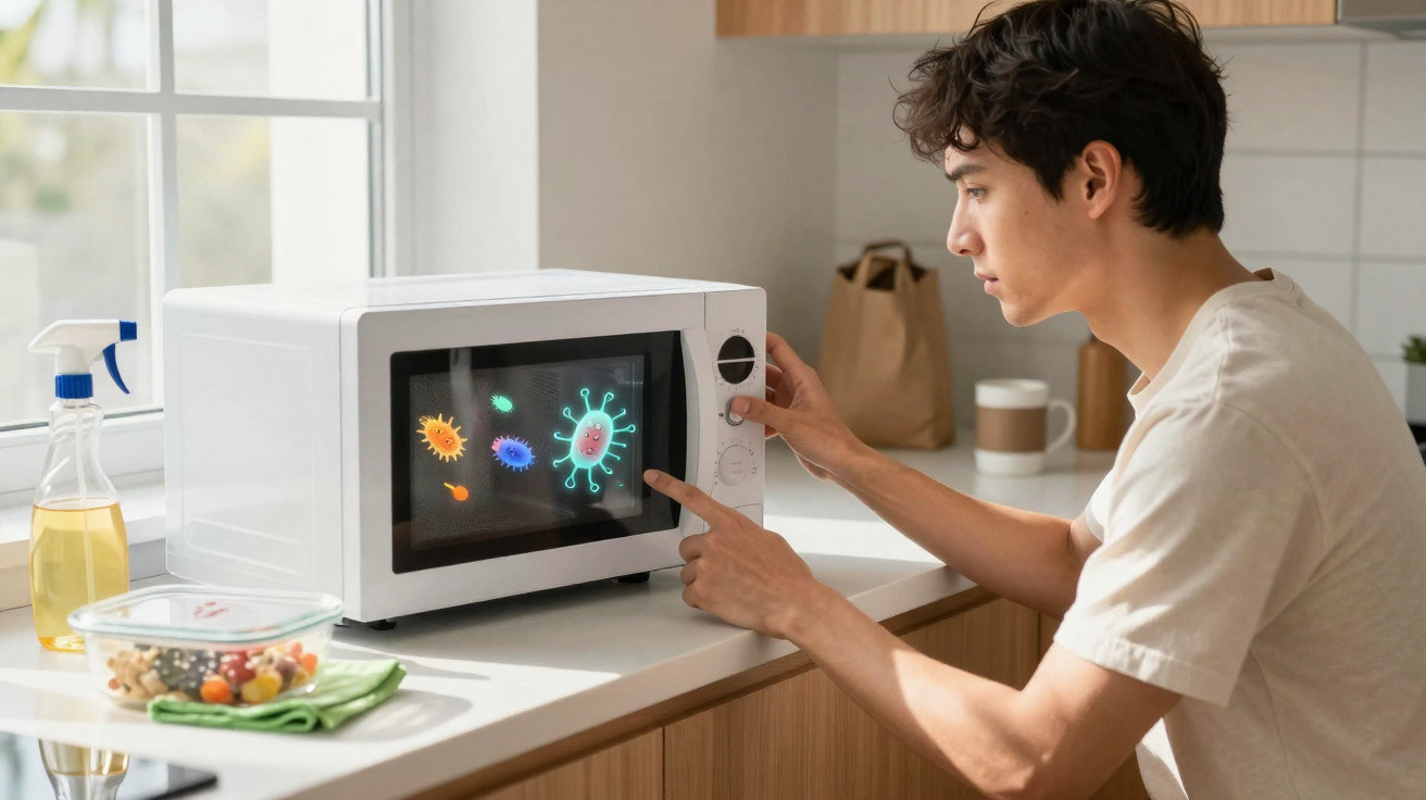 Homem ajusta micro-ondas na cozinha, com ilustrações de microrganismos visíveis no visor do aparelho.