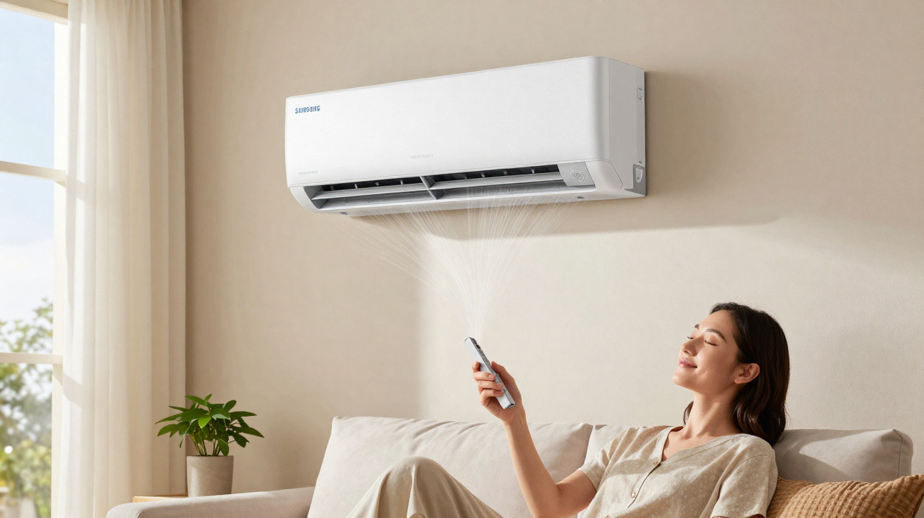 Mulher relaxa no sofá e liga o ar condicionado com controlo remoto numa sala iluminada e minimalista.