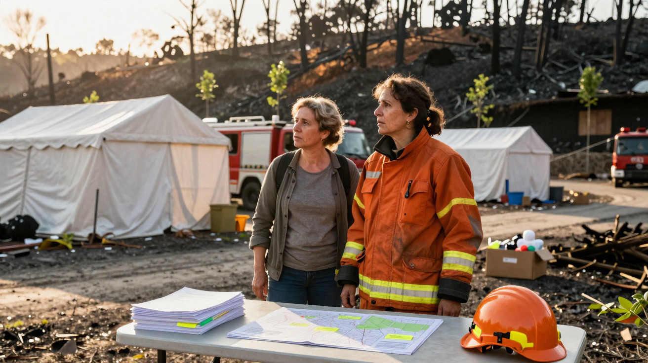 Mulher e bombeiro conversam junto a mesa com plantas, capacete laranja e caixas, em zona recuperada de incêndio florestal.