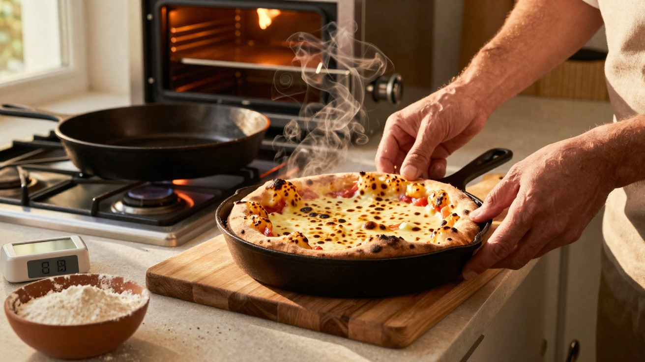 Mãos a retirar pizza quente e fumegante numa frigideira do forno numa cozinha moderna.